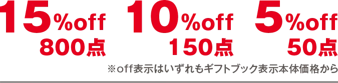 15%off800点　10%off150点　5%off50点