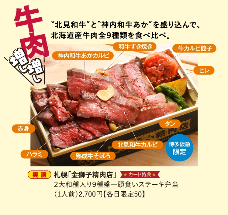 札幌「金獅子精肉店」
                ２大和種入り９種盛一頭食いステーキ弁当
                （1人前）2,700円【各日限定50】
                