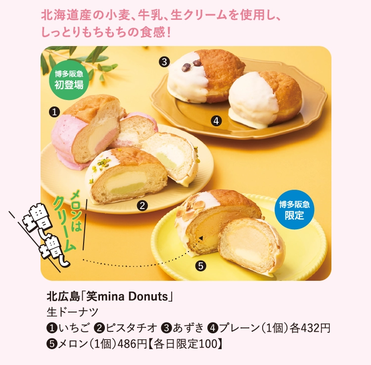 北広島「笑mina Donuts」
                生ドーナツ
                ●❶いちご ●❷ピスタチオ ●❸あずき ●❹プレーン（1個）各432円
                ❺メロン（1個）486円【各日限定100】