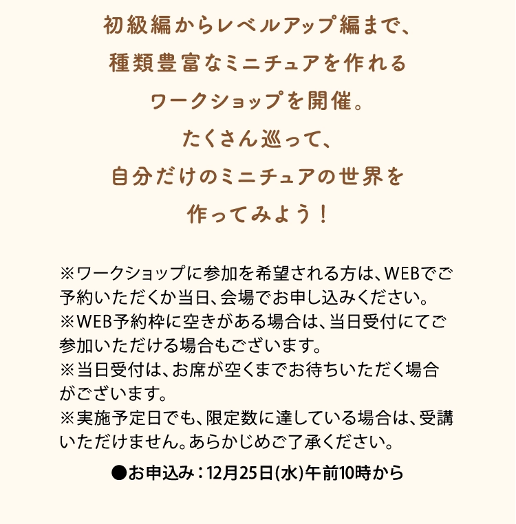 初級編からレベルアップ編まで、
          種類豊富なミニチュアを作れる
          ワークショップを開催。
          たくさん巡って、
          自分だけのミニチュアの世界を
          作ってみよう！