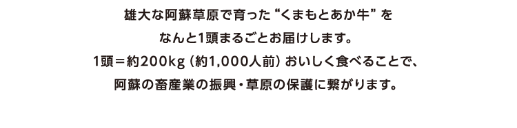 雄大な阿蘇草原で育った“くまもとあか牛”を
        なんと1頭まるごとお届けします。
        1頭＝約200kg（約1,000人前）おいしく食べることで、
        阿蘇の畜産業の振興・草原の保護に繋がります。