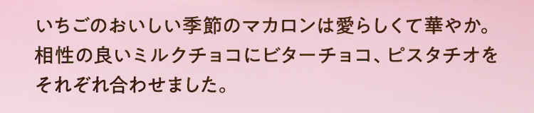 いちごのおいしい季節のマカロンは愛らしくて華やか。相性の良いミルクチョコにビターチョコ、ピスタチオをそれぞれ合わせました。