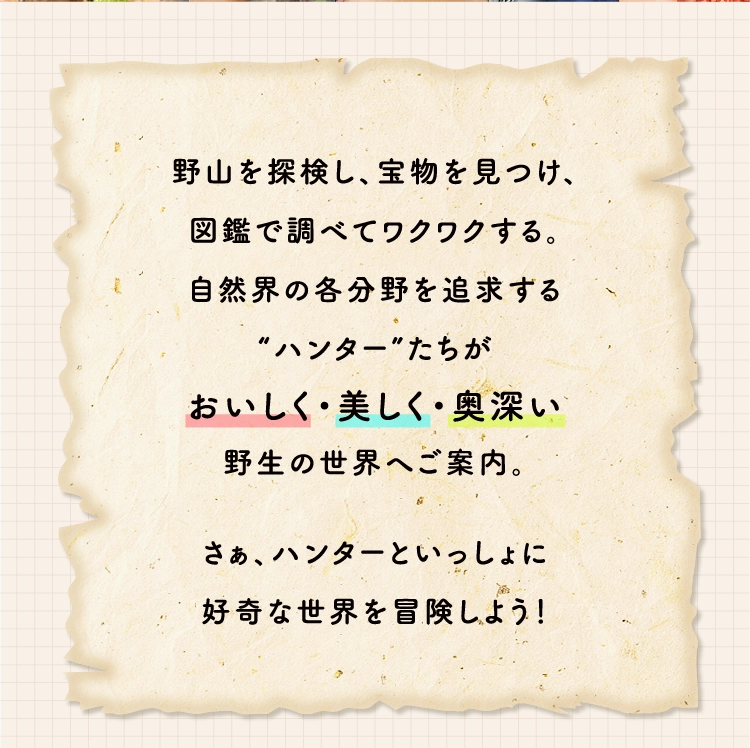 野山を探検し、宝物を見つけ、
                図鑑で調べてワクワクする。
                自然界の各分野を追求する
                “ハンター”たちが
                おいしく・美しく・奥深い
                野生の世界へご案内。
                
                さぁ、ハンターといっしょに
                好奇な世界を冒険しよう！