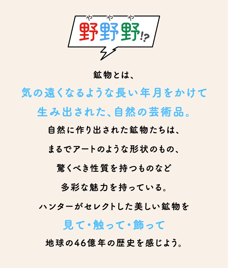 鉱物とは、
                    気の遠くなるような長い年月をかけて
                    生み出された、自然の芸術品。
                    自然に作り出された鉱物たちは、
                    まるでアートのような形状のもの、
                    驚くべき性質を持つものなど
                    多彩な魅力を持っている。
                    ハンターがセレクトした美しい鉱物を
                    見て・触って・飾って
                    地球の46億年の歴史を感じよう。
                    