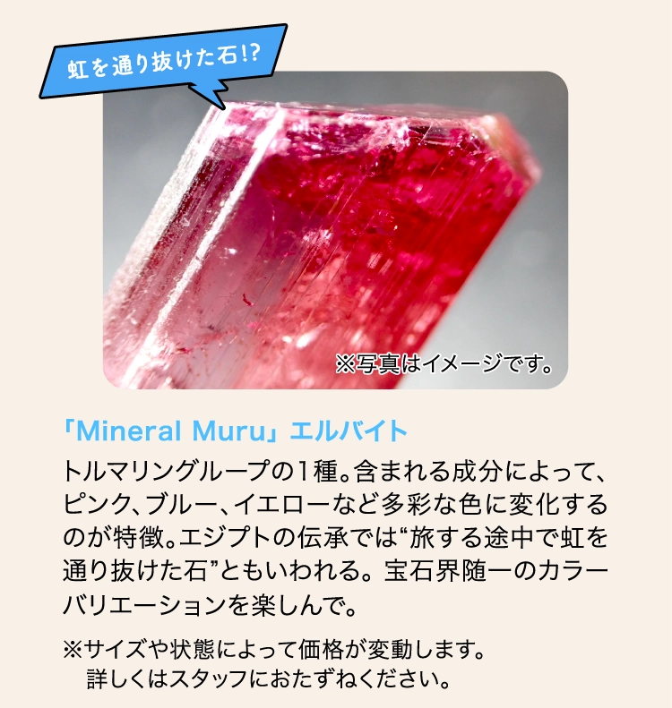 「Mineral Muru」 エルバイト
                    トルマリングループの1種。含まれる成分によって、ピンク、ブルー、イエローなど多彩な色に変化するのが特徴。エジプトの伝承では“旅する途中で虹を通り抜けた石”ともいわれる。 宝石界随一のカラーバリエーションを楽しんで。