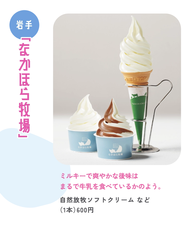ミルキーで爽やかな後味は
まるで牛乳を食べているかのよう。
自然放牧ソフトクリーム など
（1本）600円