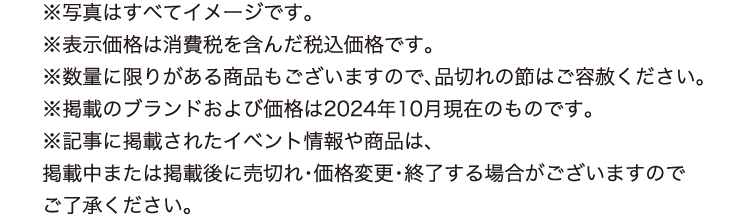 
					※写真はすべてイメージです。
					※表示価格は消費税を含んだ税込価格です。
					※数量に限りがある商品もございますので、品切れの節はご容赦ください。
					※掲載のブランドおよび価格は2024年10月現在のものです。
					※記事に掲載されたイベント情報や商品は、
					掲載中または掲載後に売切れ・価格変更・終了する場合がございますので
					ご了承ください。
					