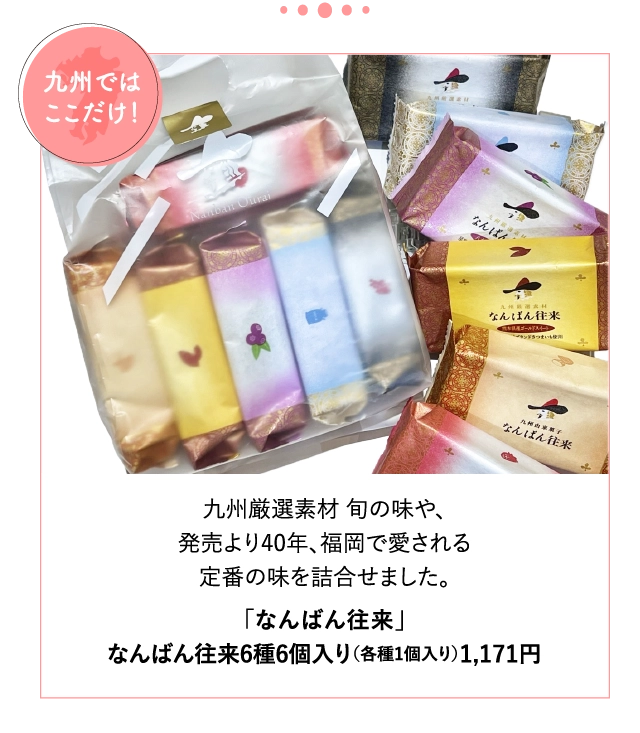 九州厳選素材 旬の味や、
			発売より40年、福岡で愛される
			定番の味を詰合せました。
			「なんばん往来」
			なんばん往来6種6個入り（各種1個入り）1,171円