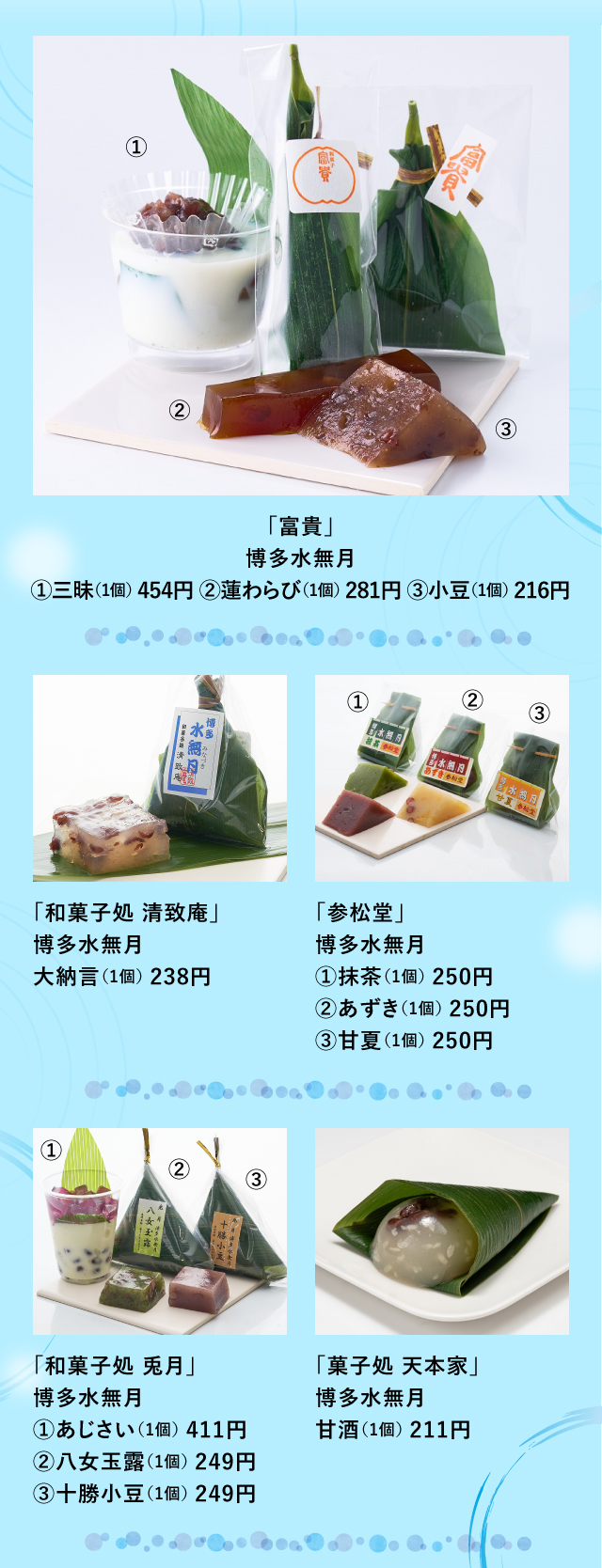 「富貴」「和菓子処 清致庵」「参松堂」「和菓子処 兎月」「菓子処 天本家」