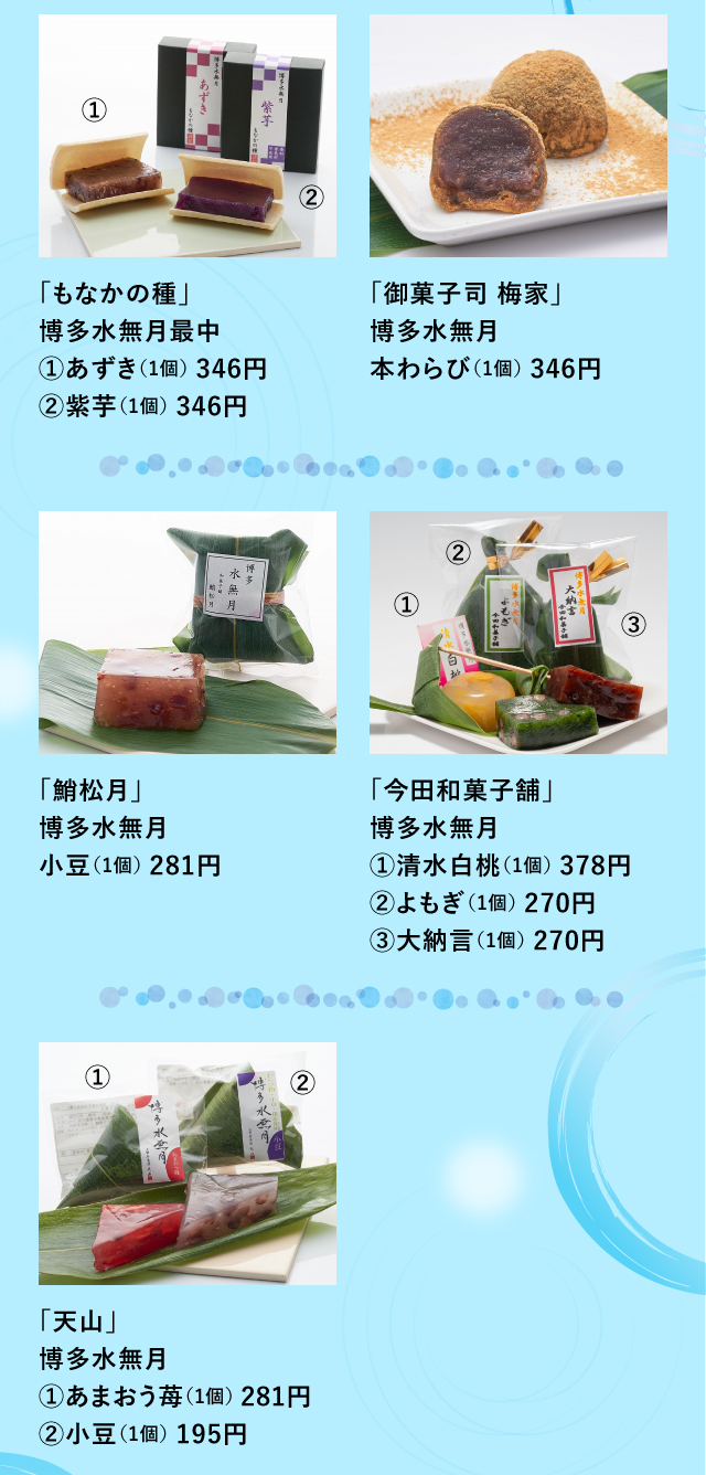 「もなかの種」「御菓子司 梅家」「鮹松月」「今田和菓子舗」「天山」