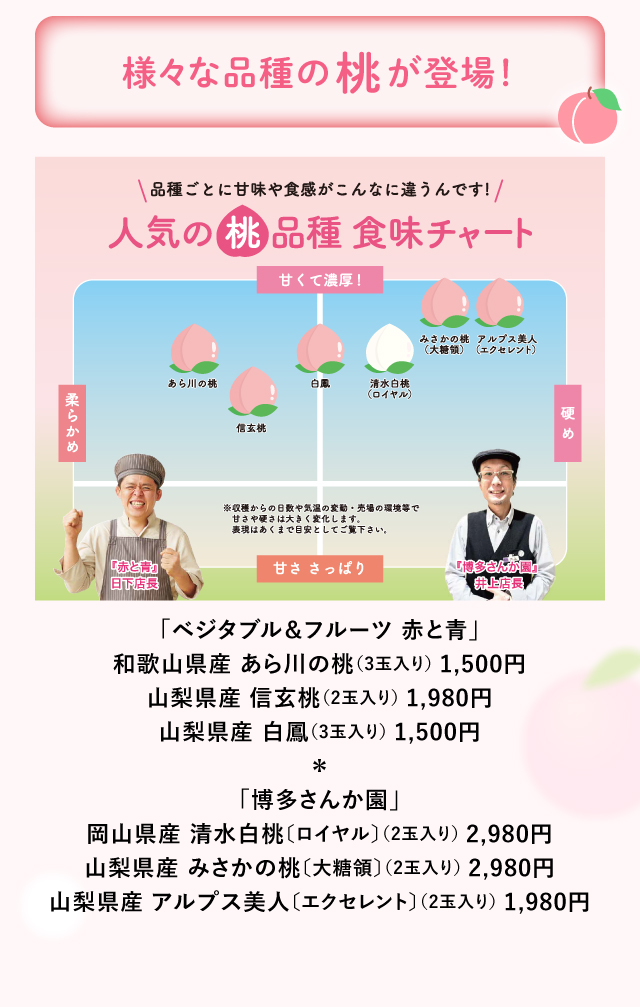 様々な品種の桃が登場！「ベジタブル＆フルーツ 赤と青」「博多さんか園」