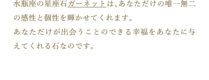 水瓶座の星座石ガーネットは、あなただけの唯一無二の感性と個性を輝かせてくれます。あなただけが出会うことのできる幸福をあなたに与えてくれる石なのです。