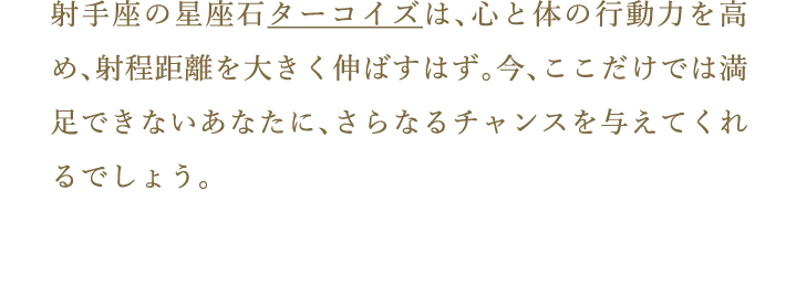 射手座の星座石ターコイズは、心と体の行動力を高め、射程距離を大きく伸ばすはず。今、ここだけでは満足できないあなたに、さらなるチャンスを与えてくれるでしょう。