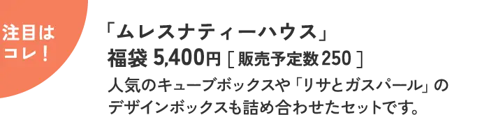 注目はコレ！ 「ムレスナティーハウス」 福袋 5,400円［ 販売予定数 250 ］ 人気のキューブボックスや「リサとガスパール」のデザインボックスも詰め合わせたセットです。