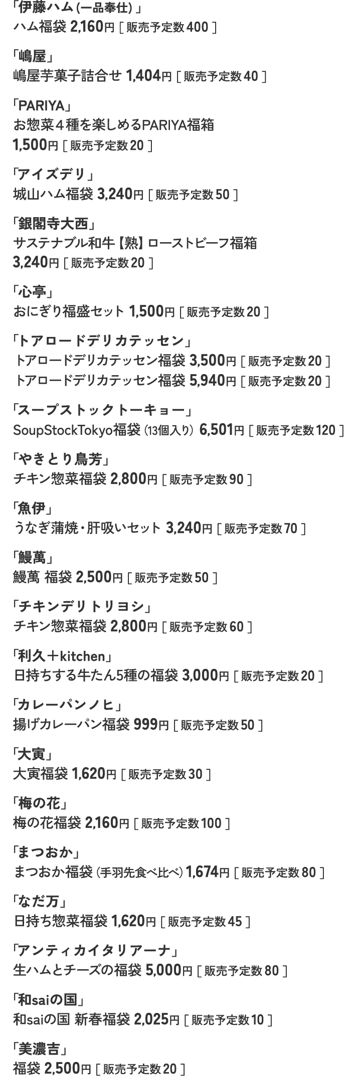 「伊藤ハム(一品奉仕) 」 ハム福袋 2,160円［ 販売予定数 400 ］ 「嶋屋」 嶋屋芋菓子詰合せ 1,404円［ 販売予定数 40 ］ 「PARIYA」 お惣菜４種を楽しめるPARIYA福箱 1,500円［ 販売予定数 20 ］ 「アイズデリ」 城山ハム福袋 3,240円［ 販売予定数 50 ］ 「銀閣寺大西」 サステナブル和牛【熟】ローストビーフ福箱  3,240円［ 販売予定数 20 ］ 「心亭」 おにぎり福盛セット 1,500円［ 販売予定数 20 ］ 「トアロードデリカテッセン」 トアロードデリカテッセン福袋 3,500円［ 販売予定数 20 ］ トアロードデリカテッセン福袋 5,940円［ 販売予定数 20 ］ 「スープストックトーキョー」 SoupStockTokyo福袋（13個入り）6,501円［ 販売予定数 120 ］ 「やきとり鳥芳」 チキン惣菜福袋 2,800円［ 販売予定数 90 ］ 「魚伊」 うなぎ蒲焼・肝吸いセット 3,240円［ 販売予定数 70 ］ 「鰻萬」 鰻萬 福袋 2,500円［ 販売予定数 50 ］ 「チキンデリトリヨシ」 チキン惣菜福袋 2,800円［ 販売予定数 60 ］ 「利久＋kitchen」 日持ちする牛たん5種の福袋 3,000円［ 販売予定数 20 ］ 「カレーパンノヒ」 揚げカレーパン福袋 999円［ 販売予定数 50 ］ 「大寅」 大寅福袋 1,620円［ 販売予定数 30 ］ 「梅の花」 梅の花福袋 2,160円［ 販売予定数 100 ］ 「まつおか」 まつおか福袋（手羽先食べ比べ）1,674円［ 販売予定数 80 ］ 「なだ万」 日持ち惣菜福袋 1,620円［ 販売予定数 45 ］ 「アンティカイタリアーナ」 生ハムとチーズの福袋 5,000円［ 販売予定数 80 ］ 「和saiの国」 和saiの国 新春福袋 2,025円［ 販売予定数 10 ］ 「美濃吉」 福袋 2,500円［ 販売予定数 20 ］