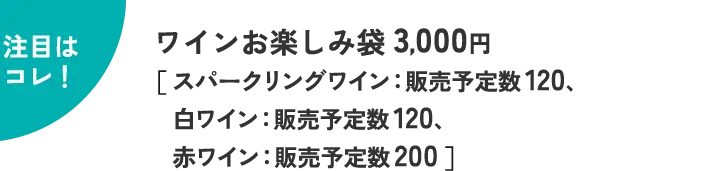 注目はコレ！ ワインお楽しみ袋 3,000円 ［ スパークリングワイン：販売予定数 120、白ワイン：販売予定数 120、赤ワイン：販売予定数 200 ］ 