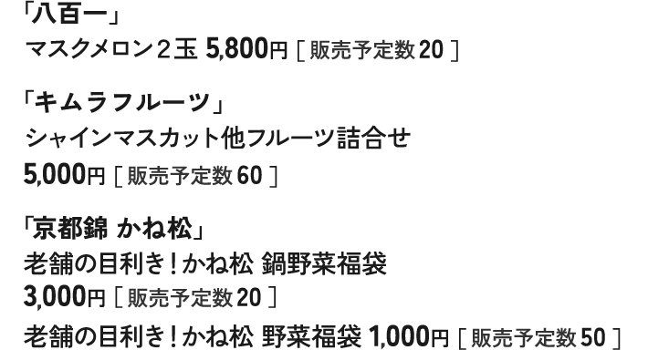 「八百一」マスクメロン２玉 5,800円［ 販売予定数 20 ］ 「キムラフルーツ」 シャインマスカット他フルーツ詰合せ5,000円［ 販売予定数 60 ］ 「京都錦 かね松」 老舗の目利き！かね松 鍋野菜福袋 3,000円［ 販売予定数 20 ］ 老舗の目利き！かね松 野菜福袋 1,000円［ 販売予定数 50 ］