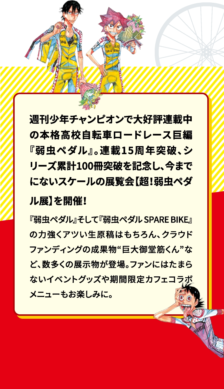 週刊少年チャンピオンで大好評連載中の本格高校自転車ロードレース巨編『弱虫ペダル』。連載15周年突破、シリーズ累計100冊突破を記念し、今までにないスケールの展覧会【超！弱虫ペダル展】を開催！ 『弱虫ペダル』そして『弱虫ペダル SPARE BIKE』の力強くアツい生原稿はもちろん、クラウドファンディングの成果物“巨大御堂筋くん”など、数多くの展示物が登場。ファンにはたまらないイベントグッズや期間限定カフェコラボメニューもお楽しみに。