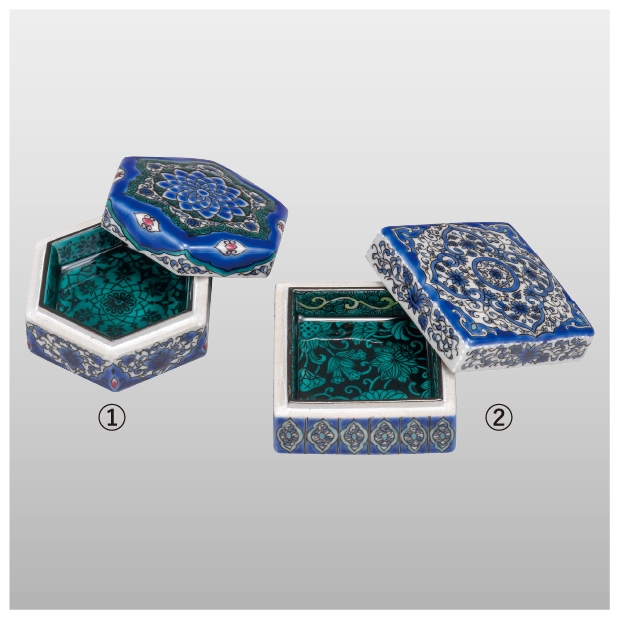 宝石箱①『ヘキサゴン』（約6×7×高さ3cm）88,000円②『スクエア』（約縦6×横6×高さ4cm）88,000円