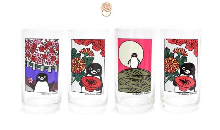 〈ペンギン花札〉ペアグラス「花見酒」「月見酒」各4,950円