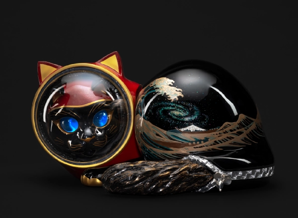 《赤黒漆富嶽眠猫》 2026年（22×36×33cm、漆、金、銀、あわびほか）撮影：表恒匡
