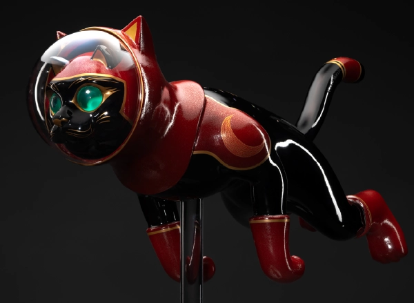 《赤漆星界浮遊猫》2026年（58×21×65cm、漆、金、銀、あわびほか）撮影：表恒匡