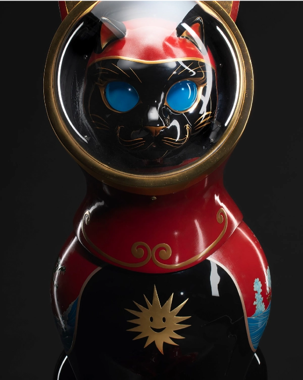 《赤黒漆生命樹猫》 2024年（105×40×80cm、漆、⾦、⽩⾦、あわび、溶錬⽔晶ほか）撮影：表恒匡