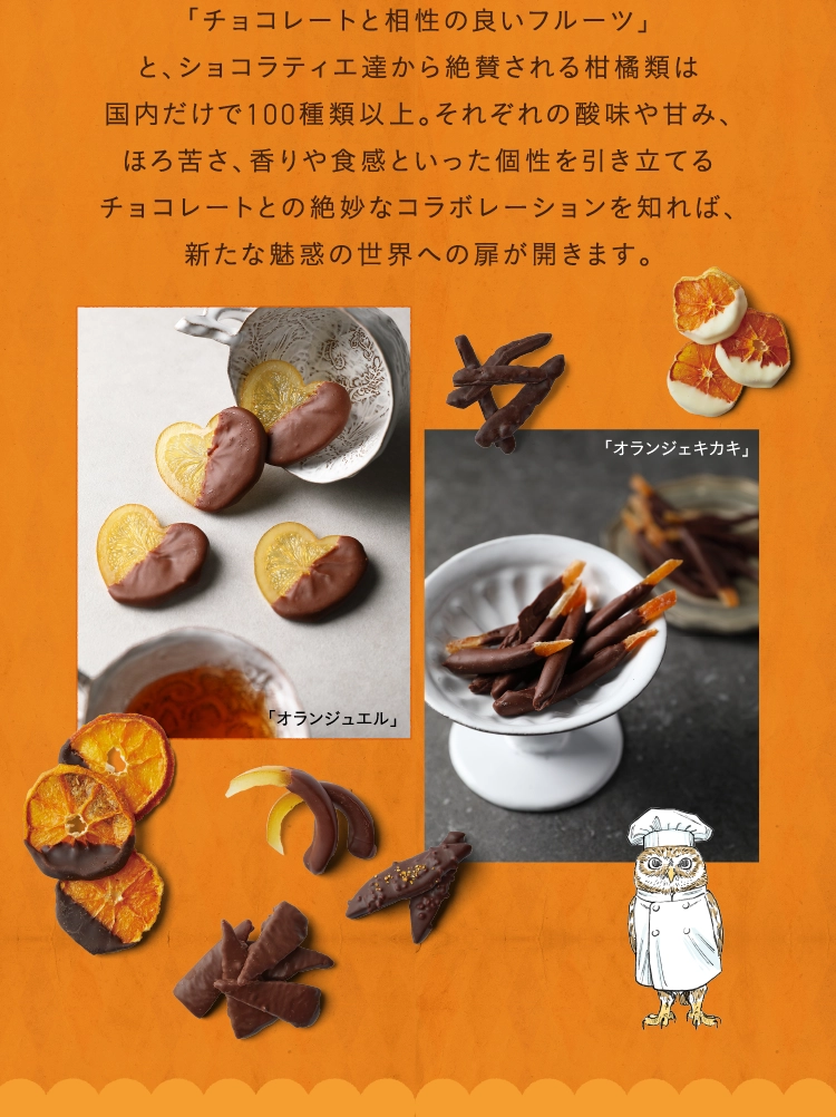 「チョコレートと相性の良いフルーツ」
                                        と、ショコラティエ達から絶賛される柑橘類は
                                        国内だけで100種類以上。それぞれの酸味や甘み、
                                        ほろ苦さ、香りや食感といった個性を引き立てる
                                        チョコレートとの絶妙なコラボレーションを知れば、
                                        新たな魅惑の世界への扉が開きます。
                                        