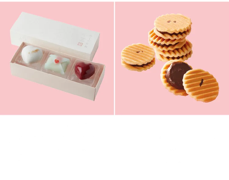 「菓の季ふくのたね」ふくのたねのバレタイン上生菓子（ 3個入り）1,199 円  ※なくなり次第終了 「鼓月」姫千寿せんべい木苺チョコ（ 6枚入り）756円※1月23日（木）〜2月14日（金）※なくなり次第終了