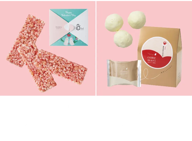 「＆ OKOSHI」＆ NEOストロベリー（ 6枚入り）780 円※1月20日（月）〜2月14日（金） 「comemari」まろやかミルク味 （ 5袋入り）702 円※なくなり次第終了