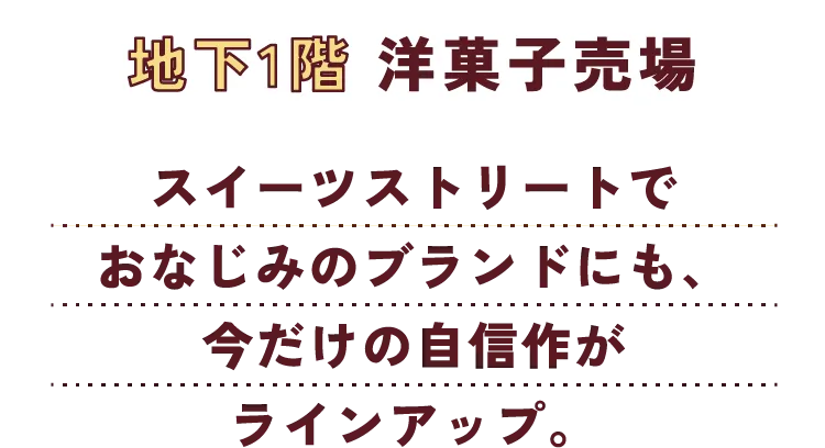 地下1階 洋菓子売場 スイーツストリートでおなじみのブランドにも、今だけの自信作がラインアップ。