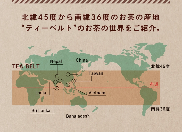 北緯45度から南緯36度のお茶の産地
								“ティーベルト”のお茶の世界をご紹介。