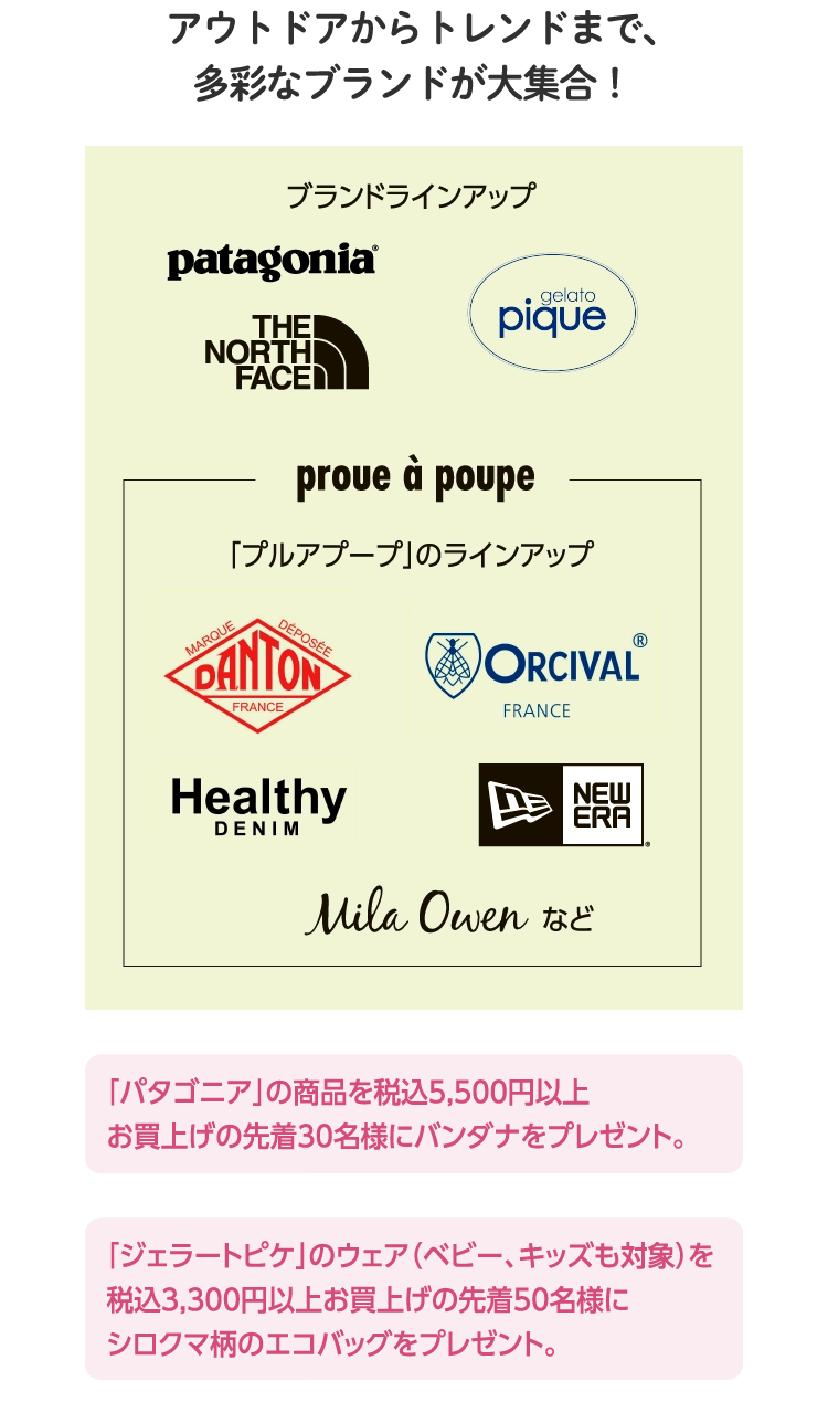 アウトドアからトレンドまで、
						多彩なブランドが大集合！
						