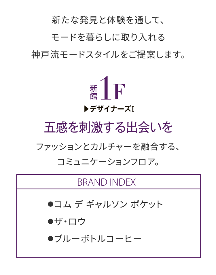新たな発見と体験を通して、モードを暮らしに取り入れる神戸流モードスタイルをご提案します。 新館1F デザイナーズⅠ　五感を刺激する出会いを ファッションとカルチャーを融合する、コミュニケーションフロア。 BRAND INDEX ●コム デ ギャルソン ポケット ●ザ・ロウ ●ブルーボトルコーヒー