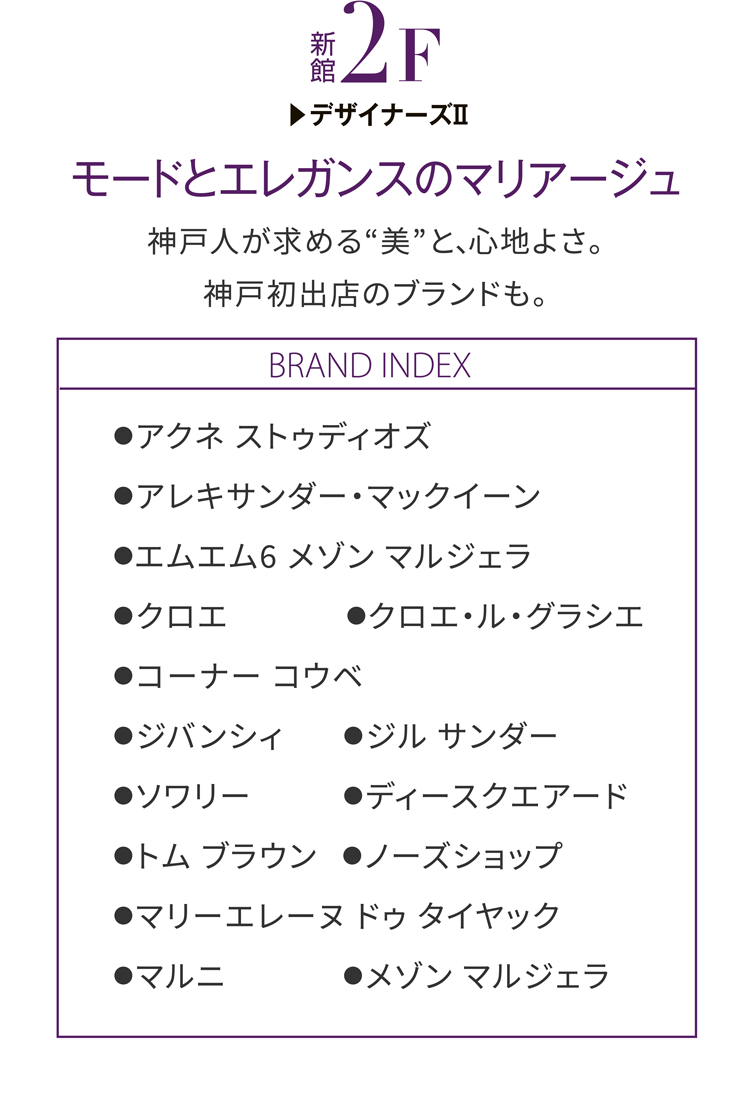 新館2F デザイナーズⅡ モードとエレガンスのマリアージュ 神戸人が求める“美”と、心地よさ。神戸初出店のブランドも。 BRAND INDEX ●アクネ ストゥディオズ ●アレキサンダー・マックイーン ●エムエム6 メゾン マルジェラ ●クロエ ●クロエ・ル・グラシエ ●コーナー コウベ ●ジバンシィ ●ジル サンダー ●ソワリー ●ディースクエアード ●トム ブラウン  ●ノーズショップ ●マリーエレーヌ ドゥ タイヤック ●マルニ ●メゾン マルジェラ