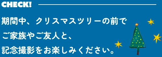 期間中、クリスマスツリーの前でご家族やご友人と、記念撮影をお楽しみください。