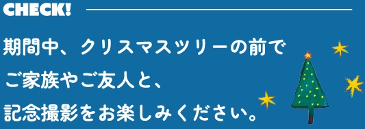 期間中、クリスマスツリーの前でご家族やご友人と、記念撮影をお楽しみください。