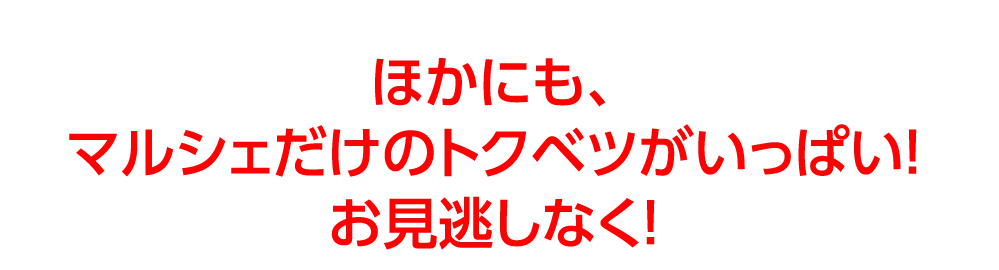 ほかにも、
					マルシェだけのトクベツがいっぱい！
					お見逃しなく！