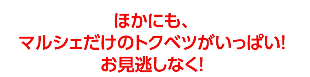 ほかにも、
				マルシェだけのトクベツがいっぱい！
				お見逃しなく！