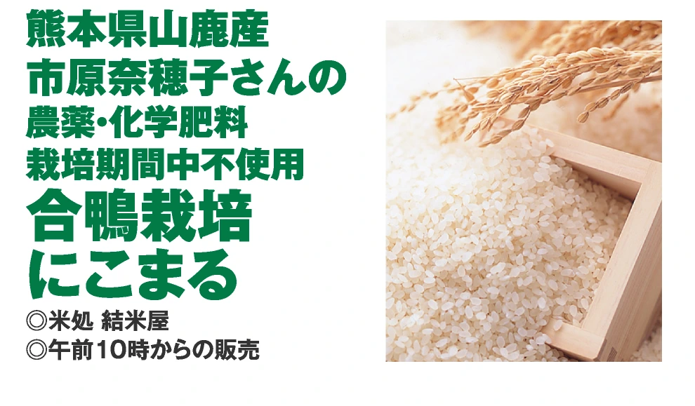 熊本県山鹿産 
				市原奈穂子さんの
				農薬・化学肥料 
				栽培期間中不使用
				合鴨栽培
				にこまる