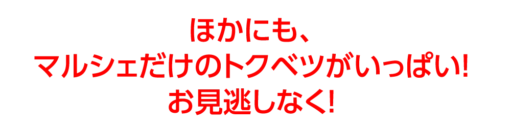 ほかにも、
				マルシェだけのトクベツがいっぱい！
				お見逃しなく！