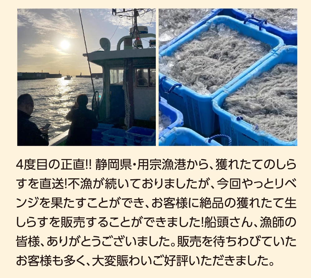 4度目の正直！！静岡県・用宗漁港から、獲れたてのしらすを直送！不漁が続いておりましたが、今回やっとリベンジを果たすことができ、お客様に絶品の獲れたて生しらすを販売することができました！船頭さん、漁師の皆様、ありがとうございました。販売を待ちわびていたお客様も多く、大変賑わいご好評いただきました。
