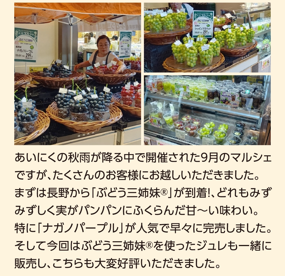 あいにくの秋雨が降る中で開催された9月のマルシェですが、たくさんのお客様にお越しいただきました。まずは長野から「ぶどう三姉妹®」が到着！、どれもみずみずしく実がパンパンにふくらんだ甘〜い味わい。特に「ナガノパープル」が人気で早々に完売しました。そして今回はぶどう三姉妹®を使ったジュレも一緒に販売し、こちらも大変好評いただきました。