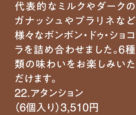 代表的なミルクやダークのガナッシュやプラリネなど様々なボンボン・ドゥ・ショコラを詰め合わせました。6種類の味わいをお楽しみいただけます。
22.アタンション
（6個入り）3,510円
