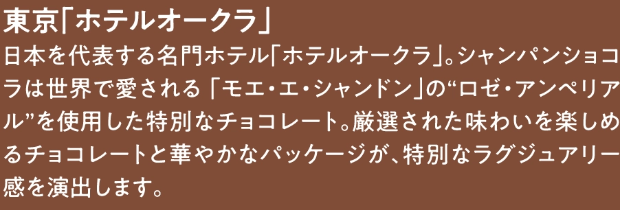 東京「ホテルオークラ」
日本を代表する名門ホテル「ホテルオークラ」。シャンパンショコラは世界で愛される 「モエ・エ・シャンドン」の“ロゼ・アンペリアル”を使用した特別なチョコレート。厳選された味わいを楽しめるチョコレートと華やかなパッケージが、特別なラグジュアリー感を演出します。